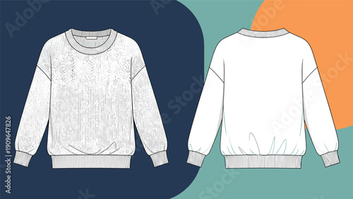 Technical sketch of a crewneck sweatshirt with a textured fabric pattern on the front and a solid back view for apparel design development.