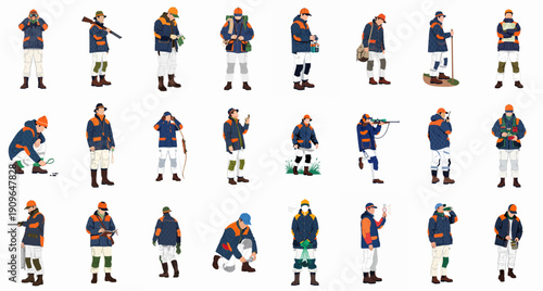 Collection of professional gamekeepers, forest rangers, hunters, and survivalists performing various outdoor activities using essential equipment.