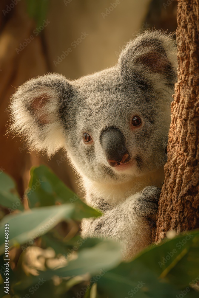 Fototapeta premium Portrait of a curious marsupial: koala in a tranquil Australian forest