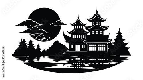 Moonlit Asian Village Silhouette Vector
