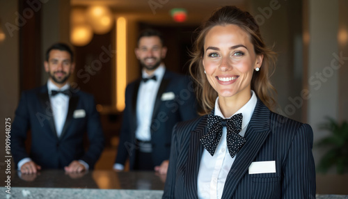 Woman smiles at hotel front desk, welcoming guests. Two men in tuxedos stand behind her. Staff provides pro service in a luxury resort lobby.