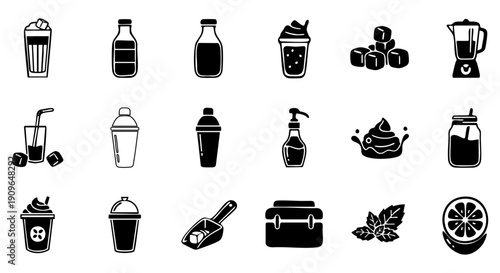 Black and white icons of various drinks and food items in simple line style  beverages and refreshments collection Video
