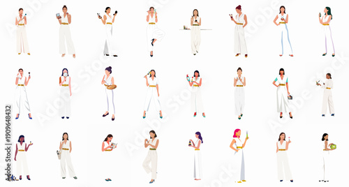 Minimalist vector collection of stylish women using makeup and skincare products, ideal for beauty, fashion, and wellness concepts.