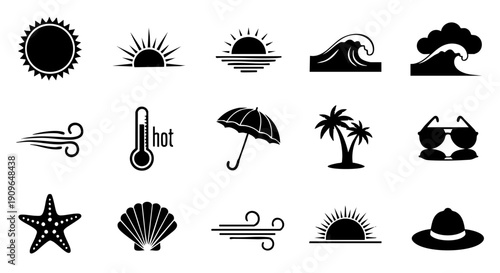 Collection of black summer icons on white background including sun wave starfish and hat Video