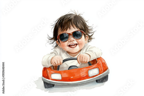 Watercolor toddler toy car sunglasses happy child smiling baby steering wheel cute illustration playful white background joy