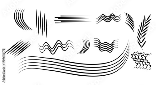 Collection of various black wavy and straight motion lines and shapes for graphic design  abstract visual effects elements Video