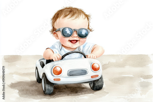 Baby toddler child sunglasses smile toy car steering wheel watercolor illustration Cute baby toddler child with sunglasses smile driving toy car