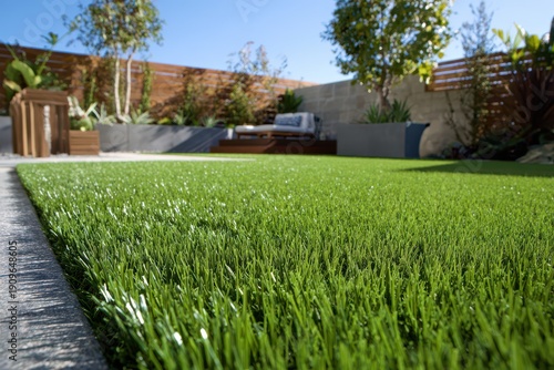 Pristine artificial grass lawn in a modern backyard with clean lines