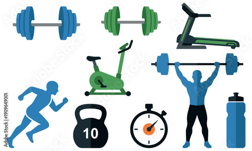 Fitness and Gym Flat Icon Set with Equipment and Athletes