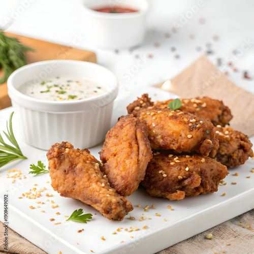 Crispy Fried Chicken Wings with Sesame Seeds and Herbs on White Plate with Creamy Dipping Sauce