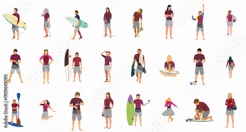 Flat vector illustration set of young men and women wearing rash guards, holding surfboards and paddles, ready for summer water sports activities.