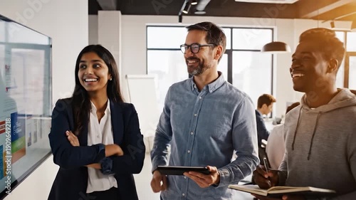 Wallpaper Mural Three diverse coworkers gesturing in a well-lit office, smiling. A presentation is on screen Torontodigital.ca