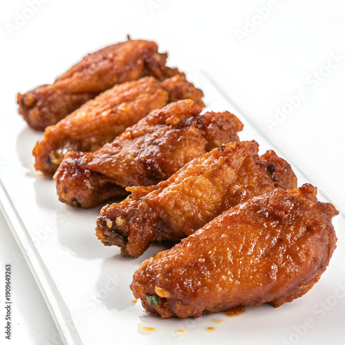 Crispy Glazed Chicken Wings on a White Plate with Sweet and Spicy Sauce