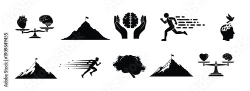 Achievement and motivation icon set, success and mountain climbing symbols
Description: Conceptual icons for business success, personal growth, and emotional balance between heart and brain.
