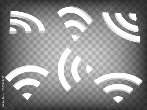 Set of perspective projections 3d wifi sign on transparent background.  WiFi sign 3d icon illustration with different views and angles. Concept of graphic elements for your design. EPS 10