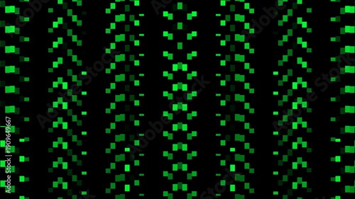 A digital pattern of green pixels on a black background viewed from a straightforward perspective