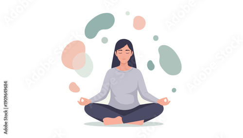Woman practicing yoga and meditation in a peaceful state with a serene expression on her face calmly