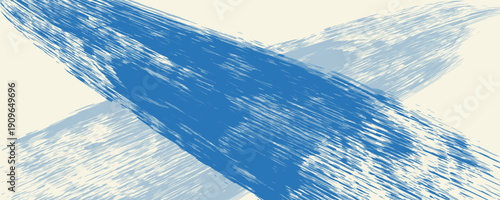 Grunge grainy blue brush stroke with spray texture. Hand drawn distress damaged vintage banner with zigzag bold line. Rough thick brush stroke texture. Spray paint effect vector background.