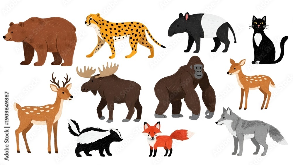 Fototapeta premium Diverse Collection of Wild and Domestic Animals Vector Illustration, Flat Design Style, Educational and Wildlife Graphics