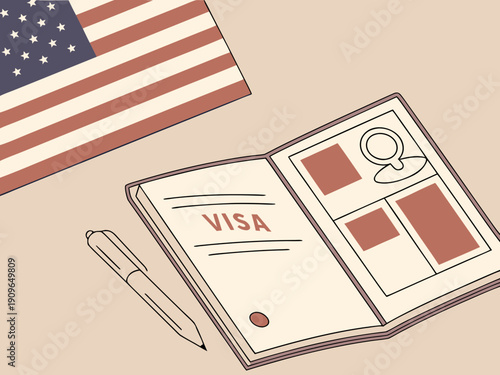 US visa, Visa in passport, fee for US visa, tour of the USA, airport, customs, checkpoint, illegal immigrants, closed borders Vector
