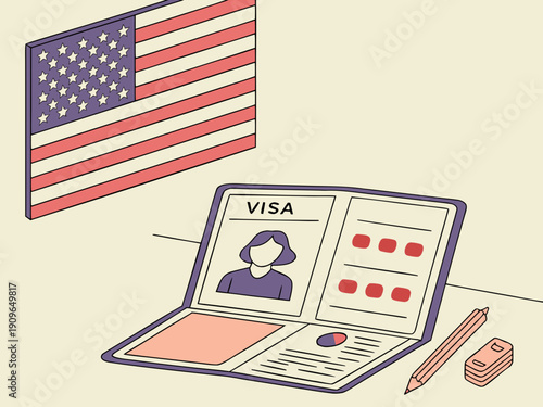 US visa, Visa in passport, fee for US visa, tour of the USA, airport, customs, checkpoint, illegal immigrants, closed borders Vector