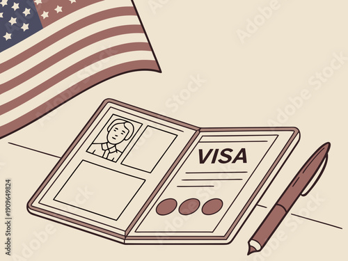 US visa, Visa in passport, fee for US visa, tour of the USA, airport, customs, checkpoint, illegal immigrants, closed borders Vector