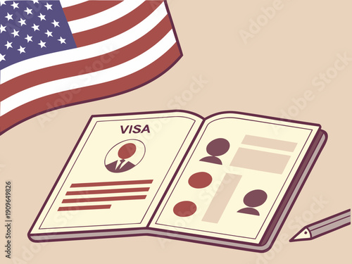 US visa, Visa in passport, fee for US visa, tour of the USA, airport, customs, checkpoint, illegal immigrants, closed borders Vector