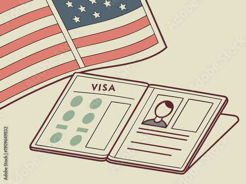US visa, Visa in passport, fee for US visa, tour of the USA, airport, customs, checkpoint, illegal immigrants, closed borders Vector