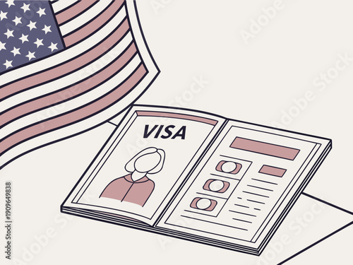 US visa, Visa in passport, fee for US visa, tour of the USA, airport, customs, checkpoint, illegal immigrants, closed borders Vector