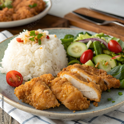 Delicious Plate of Crispy Fried Chicken, Fresh Vegetable Salad, and Steamed White Rice