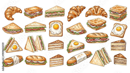 A charming watercolor collection of bakery and sandwich delights, featuring croissants, toasted sandwiches, layered cakes, and breakfast plates.