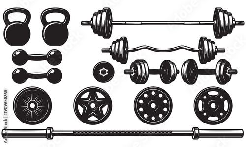 Gym Weights Vector Set – Kettlebells, Dumbbells, Barbells and Weight Plates Illustration