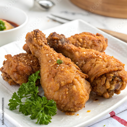 Crispy Fried Chicken Legs on White Plate with Fresh Parsley and Sesame Seeds