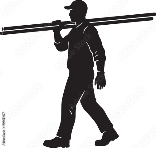 Black Silhouette of a Construction Worker Carrying Industrial Pipes on His Shoulder