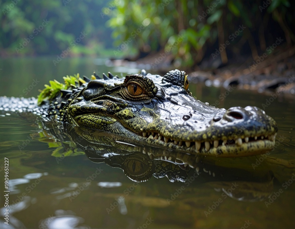 Obraz premium A dangerous wild alligator with sharp teeth rests in the murky Everglades swamp water as the powerful reptile predator keeps its scaly head and watchful eye above the surface in the Florida nature