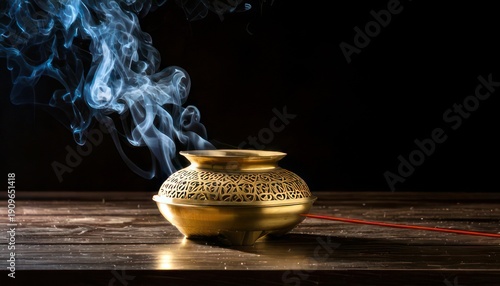 Golden incense burner with rising smoke on wooden surface.