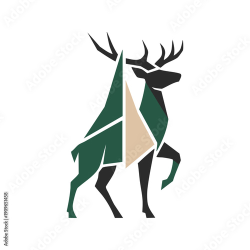 Geometric Abstract Stag Illustration, Modern Symbolic Deer Vector, Spiritual Strength and Balance, Angular Minimalist Design