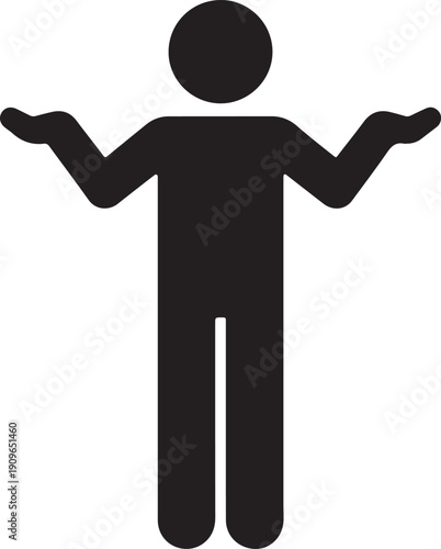 Minimalist Black Silhouette of a Person Shrugging with Palms Up I Don't Know Gesture Icon