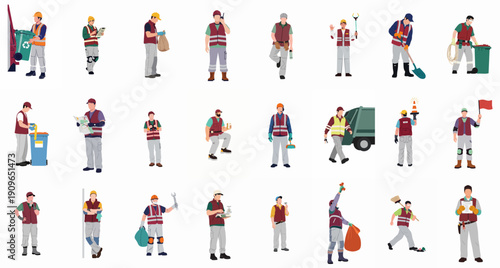 Diverse set of essential service workers illustrations, including sanitation, maintenance, and construction roles, showing various tasks and safety equipment.
