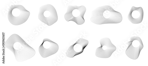 Modern dynamic audio waveform design elements suitable for banners, posters. Sound wave illustration set with circular distortion lines and black-and-white radial ripple patterns. 