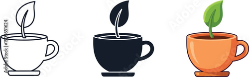 Set of three icons: a line art tea cup with a growing sprout, a solid silhouette, and a colored version, representing growth and refreshment.