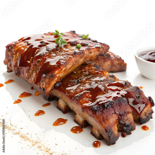 Delicious Glazed Pork Ribs with BBQ Sauce and Fresh Herbs on a Plate