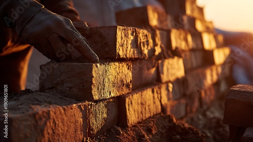 Wallpaper Mural Hand laying bricks at sunset construction site. Torontodigital.ca