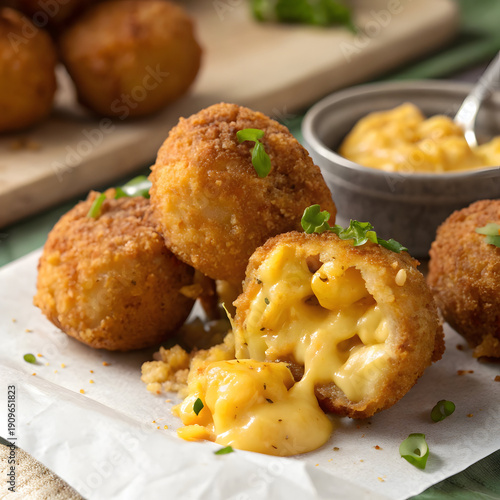 Crispy Mac and Cheese Bites with Golden Brown Exterior and Cheesy Filling on White Paper