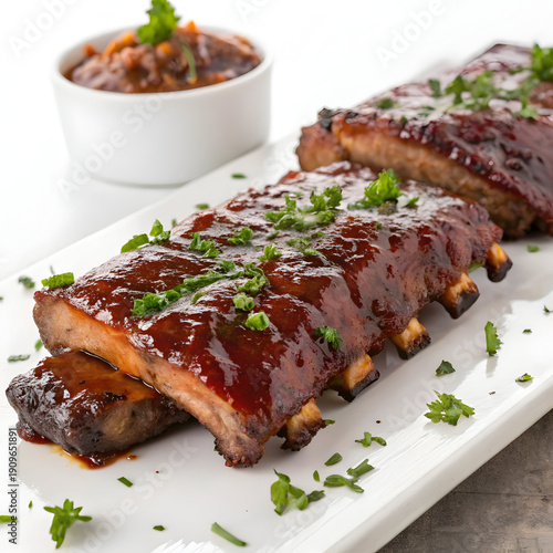 Delicious Barbecued Pork Ribs with Glossy Brown Sauce and Fresh Green Herbs on White Plate with Bowl of BBQ Sauce