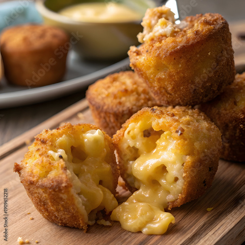 Crispy Fried Mac and Cheese Bites on Wooden Board with Golden Brown Exterior and Melted Cheese Filling