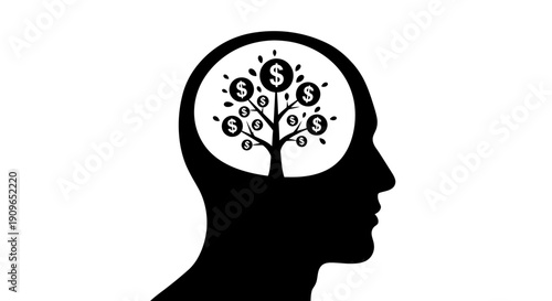 Silhouette of a Human Head with a Money Tree Inside, Representing Financial Mindset, Investment Ideas, and Wealth Thinking on a White Background