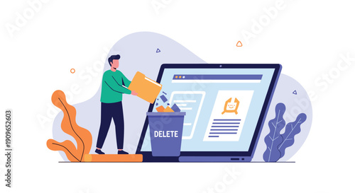 Man putting a folder into a trash bin next to a laptop, representing data deletion, digital cleanup, and responsible information management.