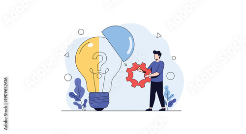 Man placing a gear into a lightbulb with a question mark, representing problem-solving, creative solutions, and innovative idea development.