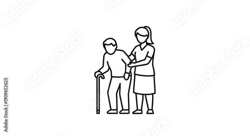 Elderly man assisted by caregiver a simple line art silhouette